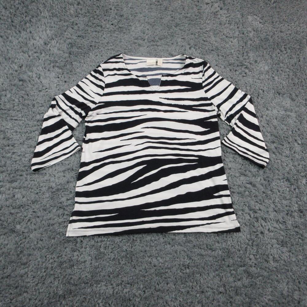 Chico's Shirt Womens 1 White Black Zebra Print 3/4 Sleeve V Neck Top Stretch
